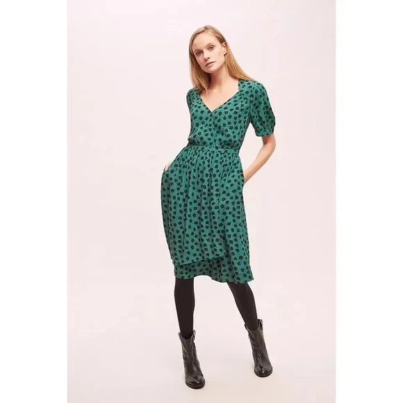 Anthropologie | Dresses | Maeve By Anthropologie Lorraine Wrap Midi Dress  Puff Sleeves In Green Floral 6 | Poshmark